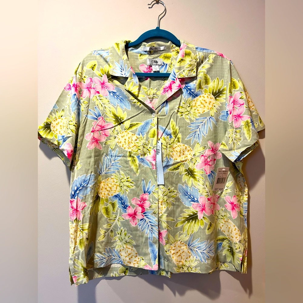 NWT Silks By Bill Blass Shirt Women's XL Multi Floral Pure 100% Silk Button Down